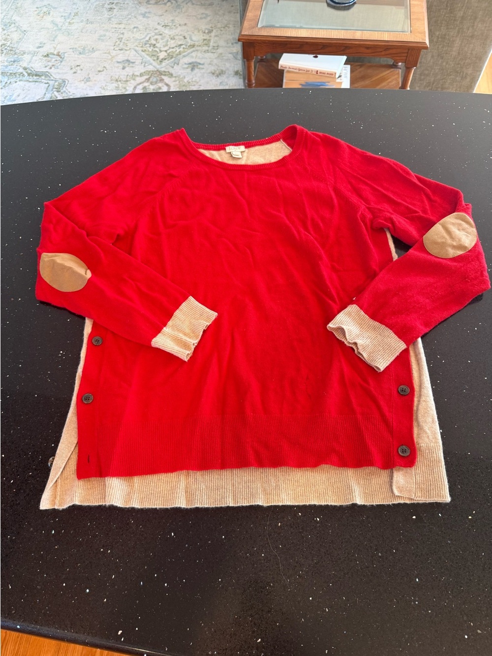 J Crew Red Crewneck Layered Hem Sweater with Elbow Patches